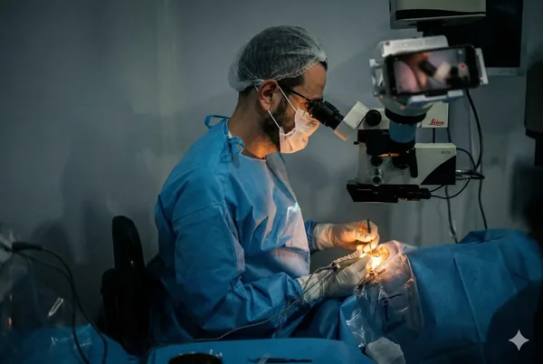 Cirürgião oftalmologista realizando cirurgia ocular com microscópio Leica — Drudi e Almeida